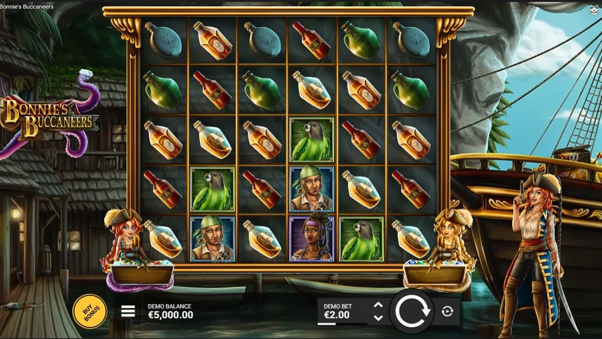 Pemandangan atmosferik dari slot Bonnie’s Buccaneers dengan tema bajak laut.